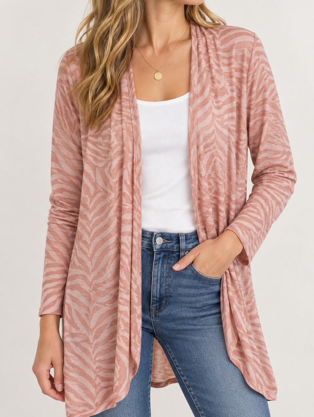 Ambrielle Womens Zebra Print Cardigan Size M Pink Open Soft Longline Rayon Blend